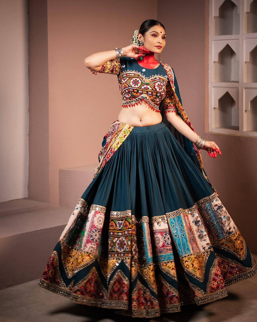 Digital Print & Real Mirror Work Muslin Lehenga Choli