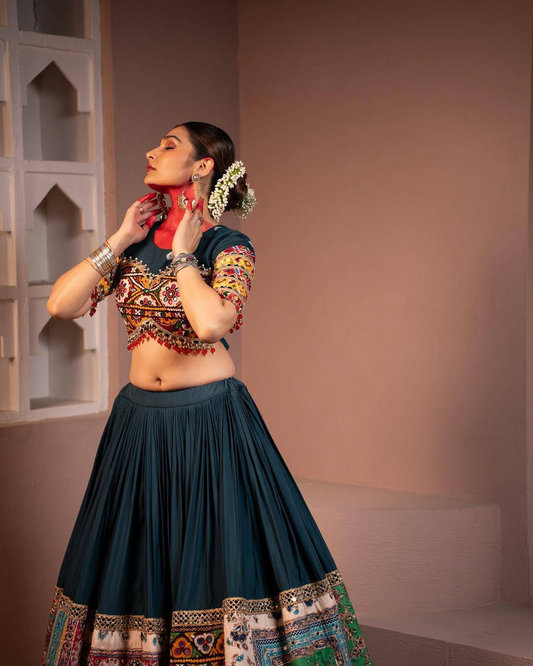 Digital Print & Real Mirror Work Muslin Lehenga Choli
