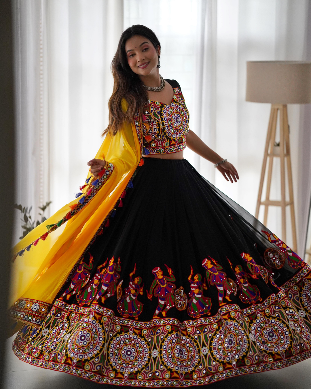 Chain-Stitch Work With Mirror Navaratri Lehenga
