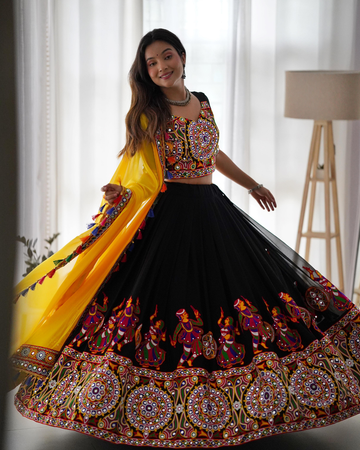 Chain-Stitch Work With Mirror Navaratri Lehenga