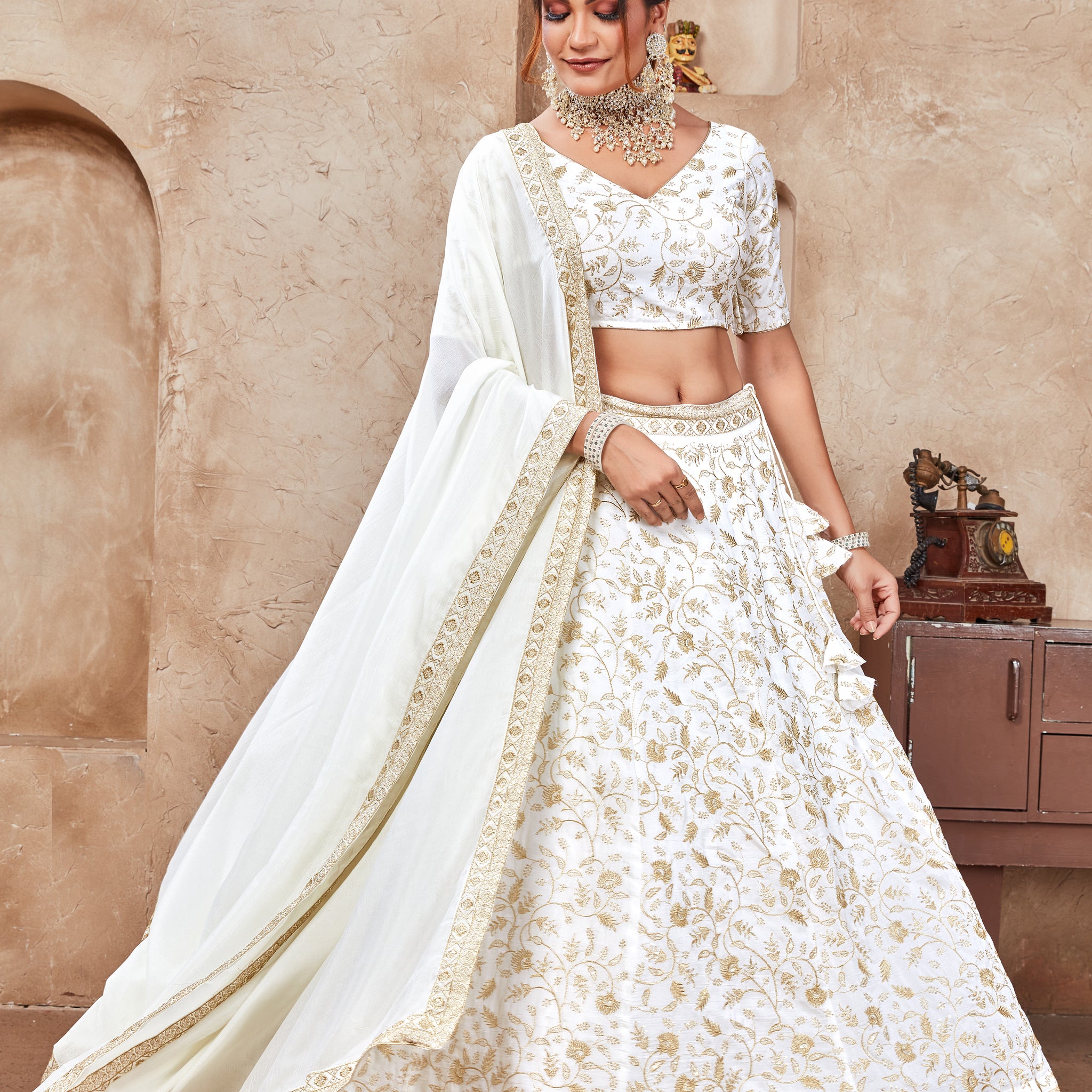 White Color Thread  & Sequins Embroidery Work With Vichitra Silk Sider Lehenga Choli