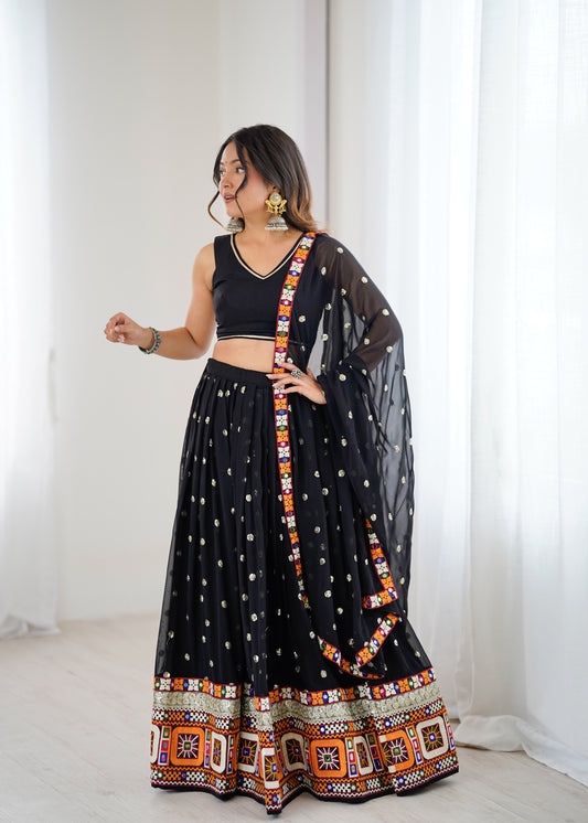 Heavy Faux Georgette Mirror Work Lehenga with Dupatta