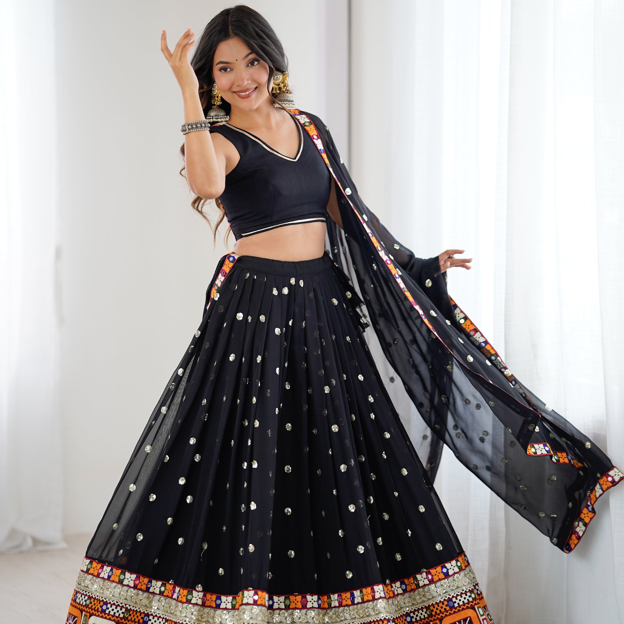 Heavy Faux Georgette Mirror Work Lehenga with Dupatta