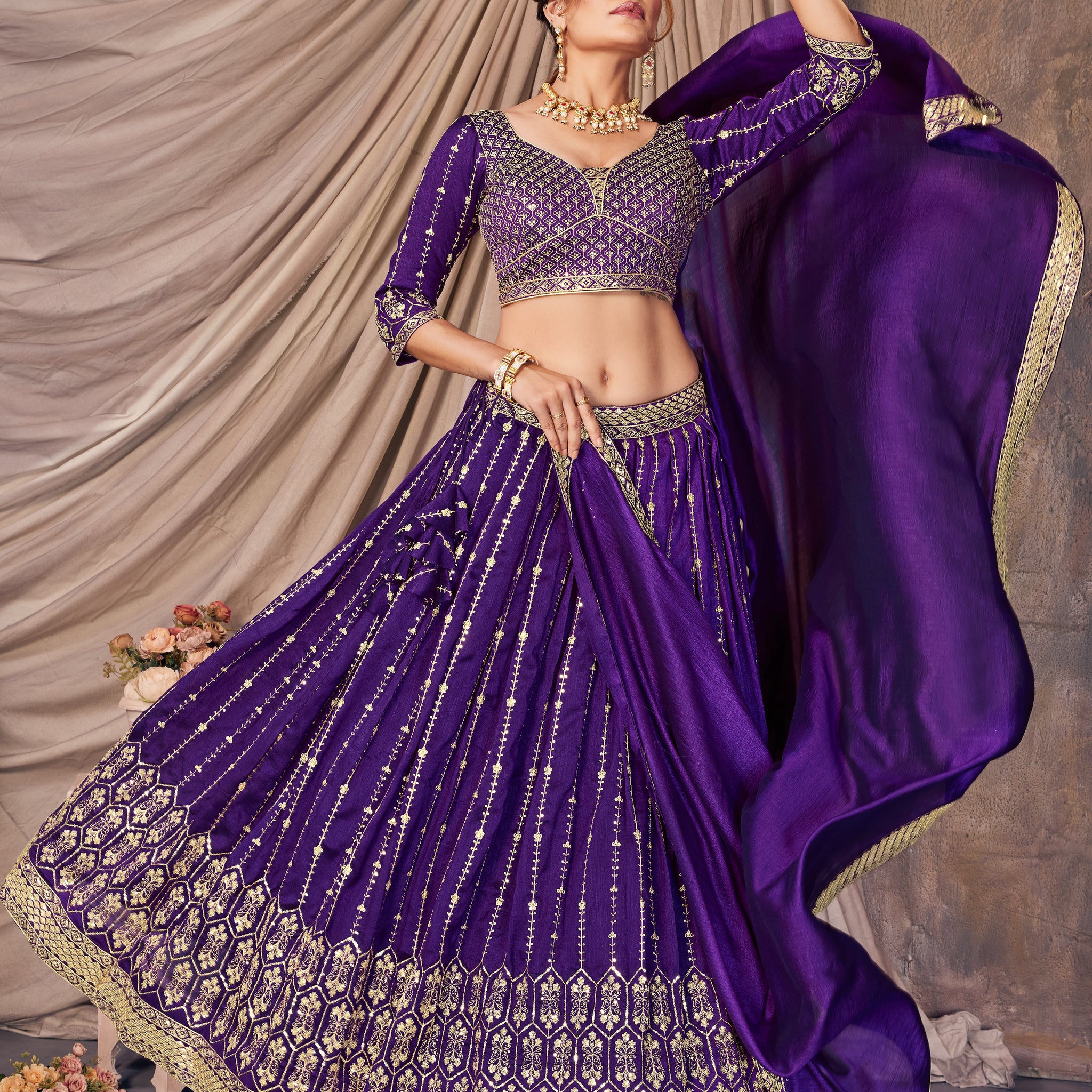 Purple Thread  & Sequins Embroidery Wiith Vichitra Silk Sider Lehenga Choli