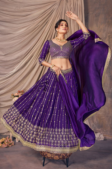 Purple Thread  & Sequins Embroidery Wiith Vichitra Silk Sider Lehenga Choli