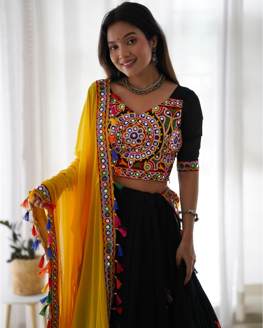 Chain-Stitch Work With Mirror Navaratri Lehenga