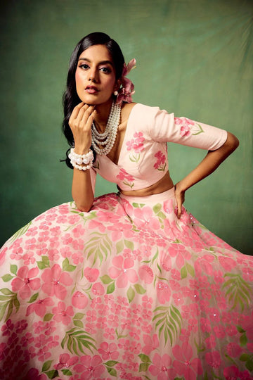 Heavy Floral Print Taby Silk Lehenga with Organza Blouse & Dupatta