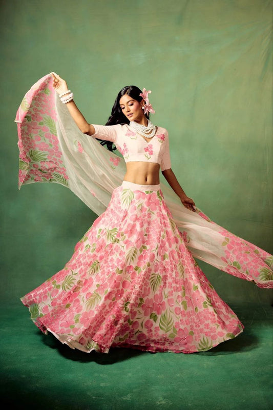 Heavy Floral Print Taby Silk Lehenga with Organza Blouse & Dupatta