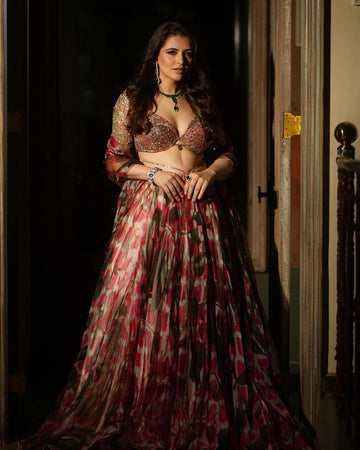 Floral Organza Silk Embroidered Sider Lehenga with Sequins Work