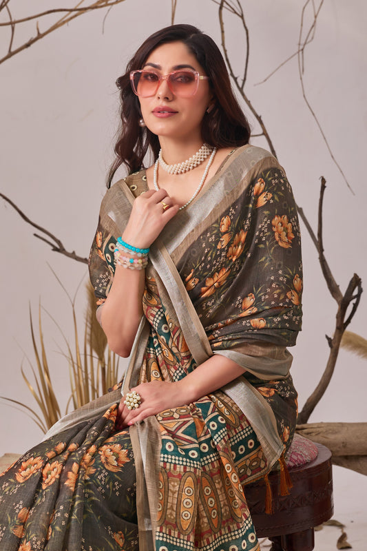 Linen Cotton Floral Digital Print Saree