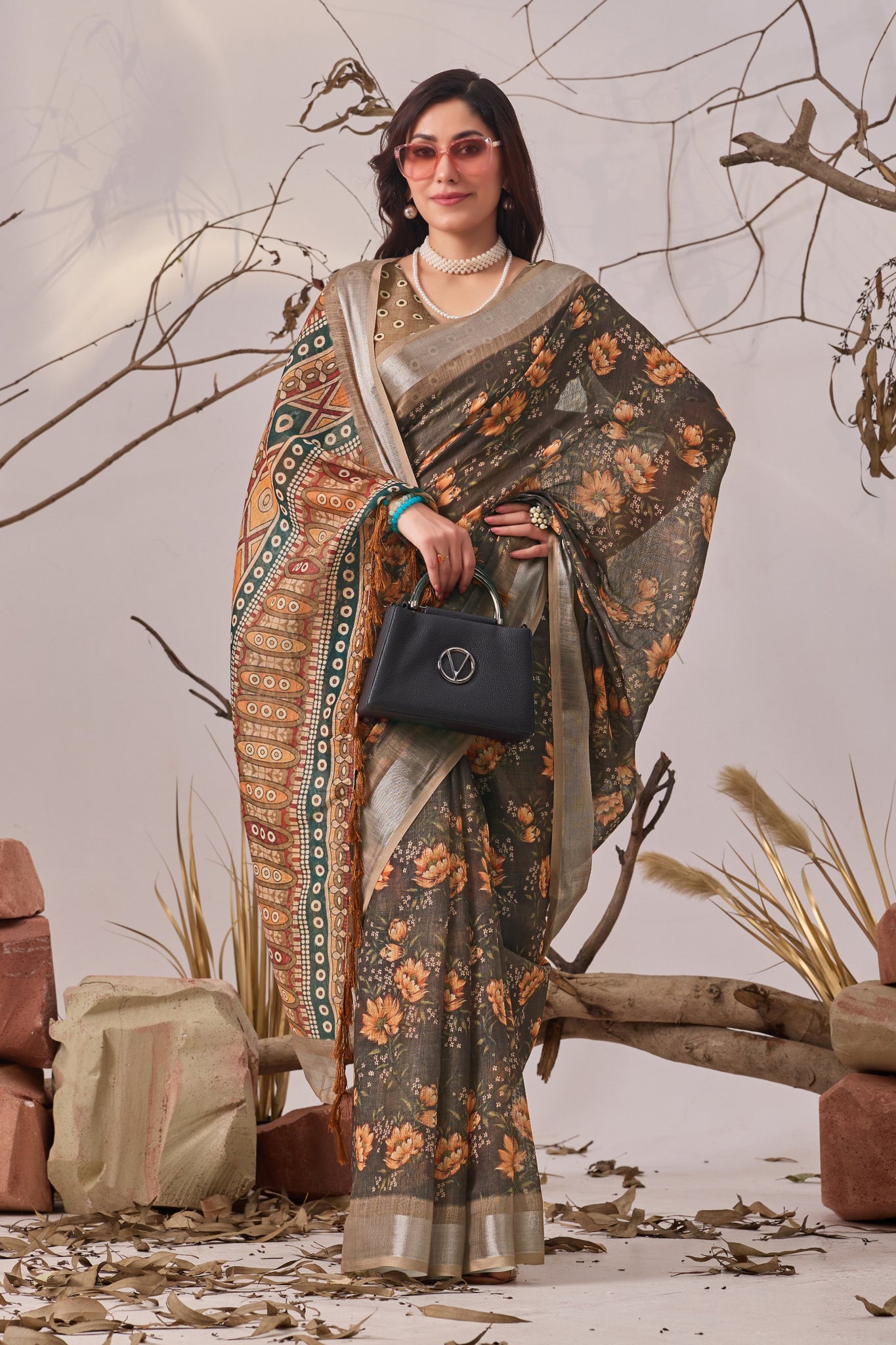 Linen Cotton Floral Digital Print Saree
