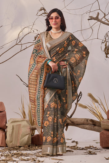 Linen Cotton Floral Digital Print Saree